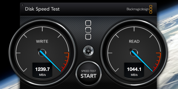 This shows the raw speed of LaCie's Little Big Disk 2, here showing performance  over 1 GB per second when paired  with a 2nd Gen Retina MacBook Pro with Intel's Thunderbolt 2 technology.